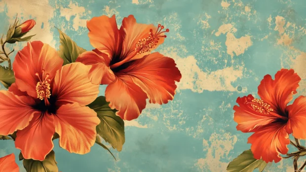 A retro inspired wallpaper with tropical hibiscus flowers in vibrant red and orange, set against a faded turquoise backdrop, Retro style1.