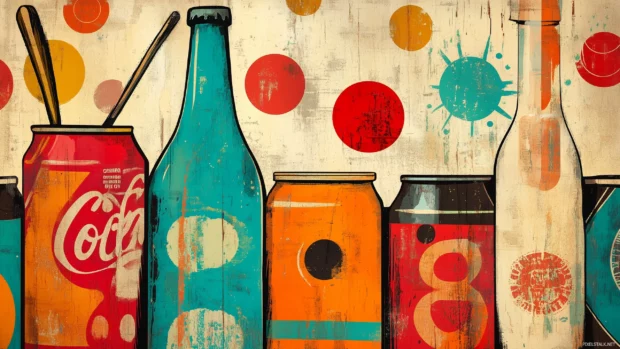 A retro pop art inspired wallpaper with colorful soda bottles and cans, bold lettering, and vibrant contrasting colors like red, orange, and teal, Retro style.