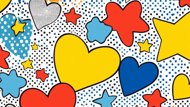 A retro pop art wallpaper showcasing iconic polka dot patterns, a mix of pastel and primary colors, and playful comic style hearts and stars, Retro style.
