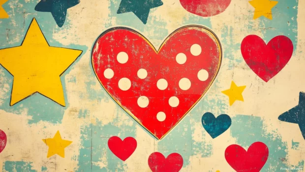 A retro pop art wallpaper showcasing iconic polka dot patterns, a mix of pastel and primary colors, and playful comic style hearts and stars, Retro style.