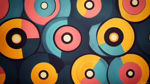 A retro pop art wallpaper with a repeating pattern of colorful vinyl records, bold outlines, and halftone gradients in vibrant neon shades, Retro style.