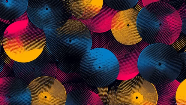 A retro pop art wallpaper with a repeating pattern of colorful vinyl records, bold outlines, and halftone gradients in vibrant neon shades, Retro style.