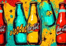 A retro pop art wallpaper with oversized sunglasses and lips, featuring vibrant reds, blues, and yellows, accented by bold black outlines and halftone textures, Retro style.