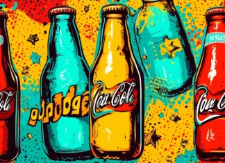 A retro pop art wallpaper with oversized sunglasses and lips, featuring vibrant reds, blues, and yellows, accented by bold black outlines and halftone textures, Retro style.