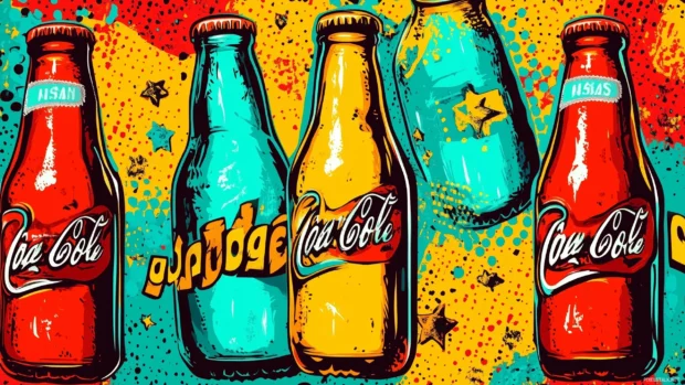 A retro pop art wallpaper with oversized sunglasses and lips, featuring vibrant reds, blues, and yellows, accented by bold black outlines and halftone textures, Retro style.