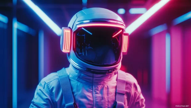 A retro style astronaut with bright neon lights floating in retro futuristic space.