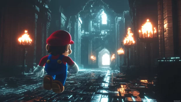 A retro themed scene shows Mario running through an 8 bit castle corridor lit by torches.