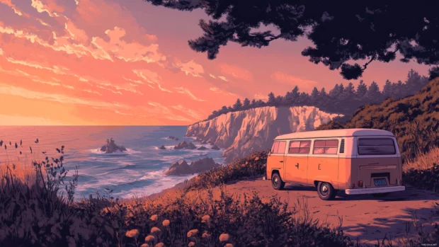 A retro van parked near the ocean cliffs, offering nostalgic touches for summer laptop wallpaper fans.