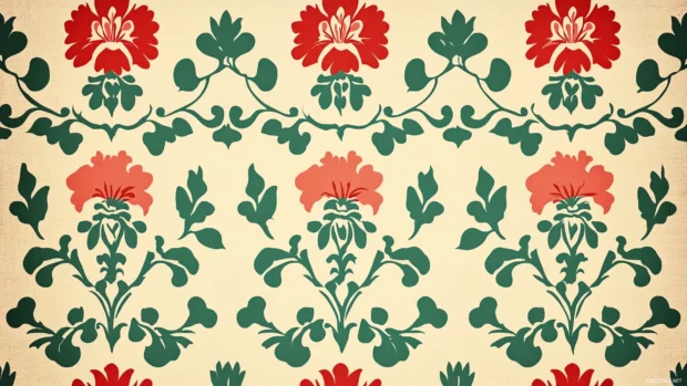 A retro wallpaper design with minimalistic floral motifs in bold red and green, arranged symmetrically on a soft beige background, Retro style.