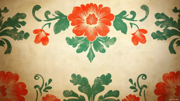 A retro wallpaper design with minimalistic floral motifs in bold red and green, arranged symmetrically on a soft beige background, Retro style.