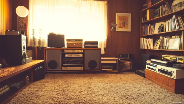 A retro wallpaper showcasing a 70s style living room with shaggy carpets, wood paneling, and vintage furniture, bathed in warm, earthy tones, Retro style.