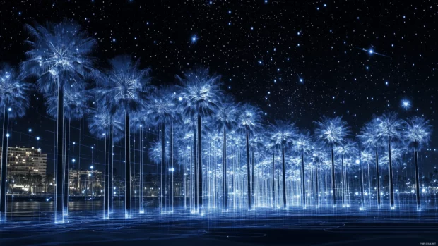A retrowave inspired neon grid landscape featuring glowing palm trees, a dark starry sky, and shimmering constellations, Retro style.