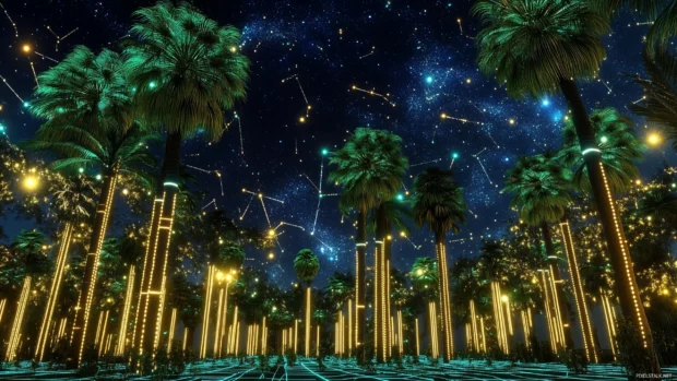 A retrowave inspired neon grid landscape featuring glowing palm trees, a dark starry sky, and shimmering constellations, Retro style.