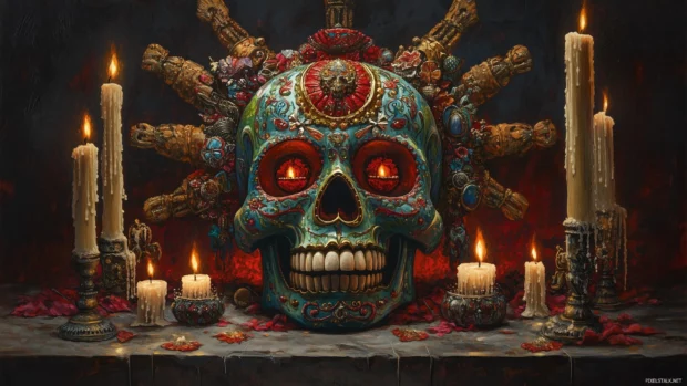 A richly decorated sugar skull in bold reds, blues, and greens, surrounded by candles and traditional Mexican symbols.