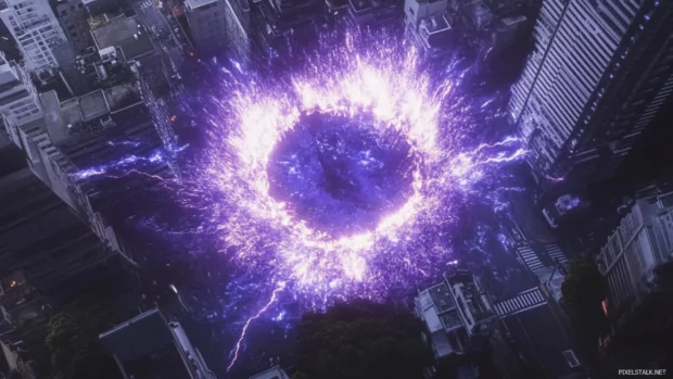 A ring of energy expands from Godzilla breaking city foundations.