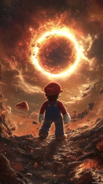 A ring of floating mushrooms guides Mario toward a pulsing celestial portal.