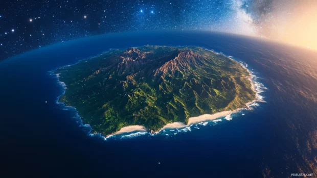 A ring of stars encircling a small island.