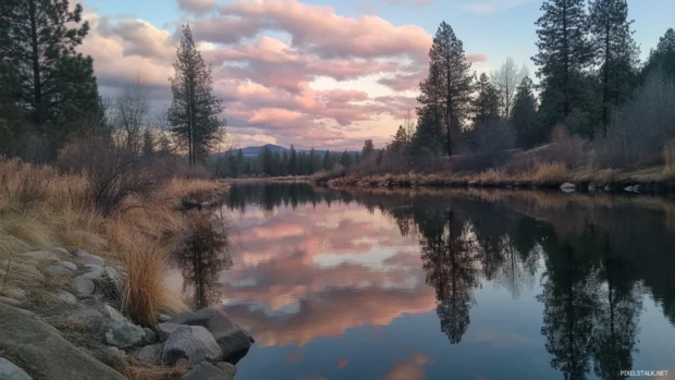 A river bend reflecting a pretty cotton candy sky.