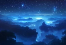 A river of mist gliding under star crowns.