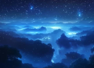 A river of mist gliding under star crowns.