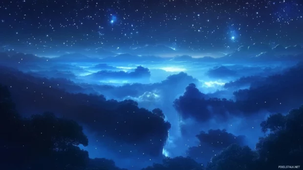 A river of mist gliding under star crowns.