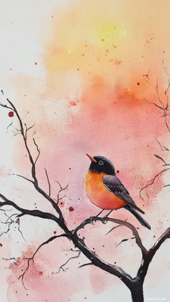 A robin singing at sunrise portrayed in a delicate watercolor wash.