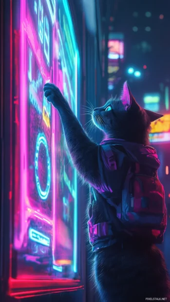 A robot cat cleaning neon windows at night.