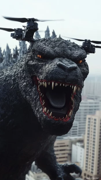 A robotic drone scans Godzillas face in mid roar close up.