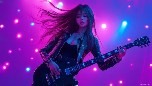 A rockstar girl playing an electric guitar on a stage with neon lights flashing.