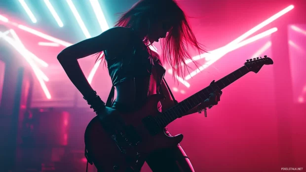 A rockstar girl playing an electric guitar on a stage with neon lights flashing.
