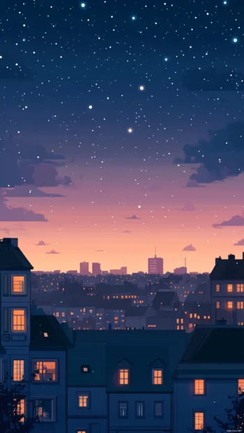 A romantic Summer evening with city rooftops glowing under the stars.