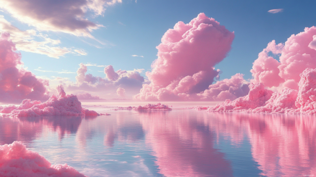 A romantic landscape in pink pastels with heart shaped clouds, aesthetic pink desktop wallpaper lovers adore this style.