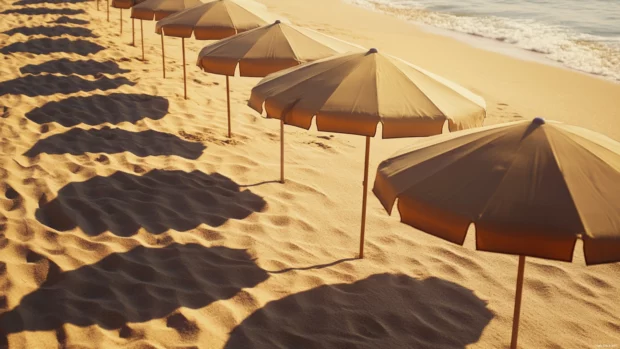 A row of beach umbrellas casting shadows on golden sands, crafted for summer computer wallpaper appeal.