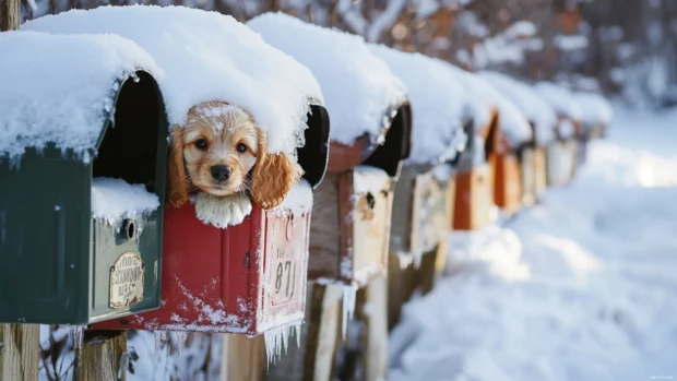 A row of snow covered mailboxes with a puppy peeking out of one playfully.