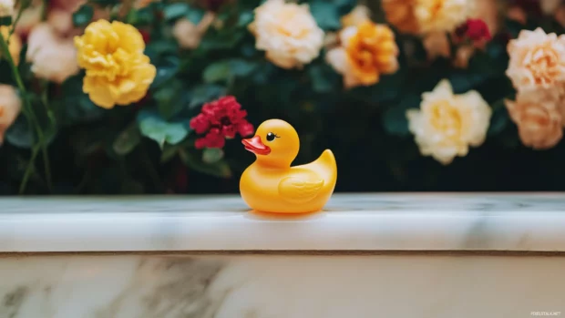 A rubber duck balances on the edge of a porcelain sink with flowers in the background.