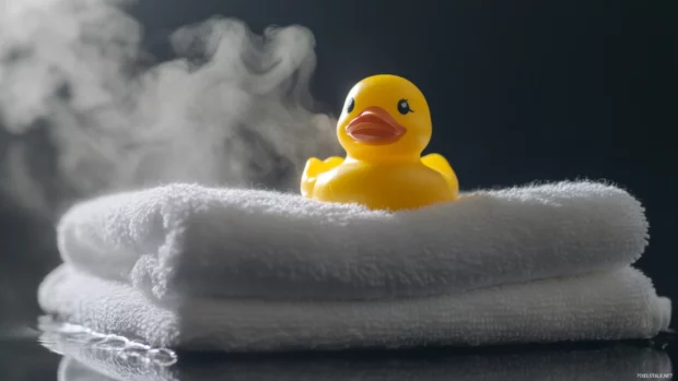 A rubber duck drips water onto a white towel as steam rises around.