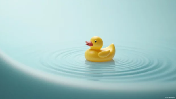 A rubber duck floats peacefully across a light blue bathtub with gentle ripples.