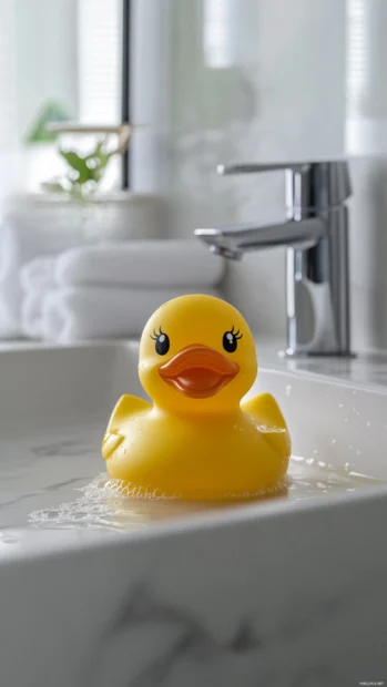A rubber duck smiles up from a puddle of water in a modern bathroom sink.