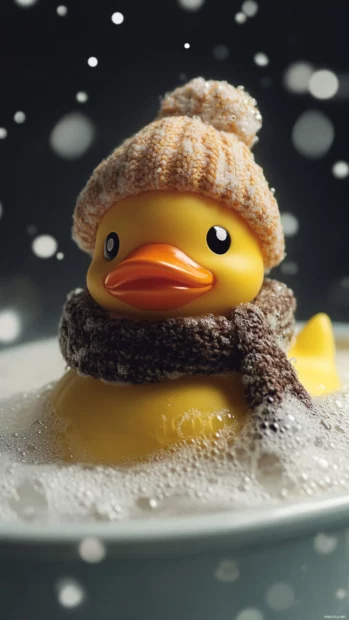 A rubber duck wears a tiny hat and scarf while relaxing in a hot bubble bath.