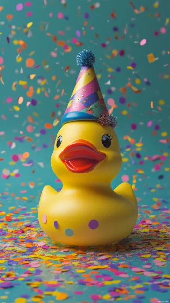 A rubber duck with a party hat floats among colorful confetti in the tub.