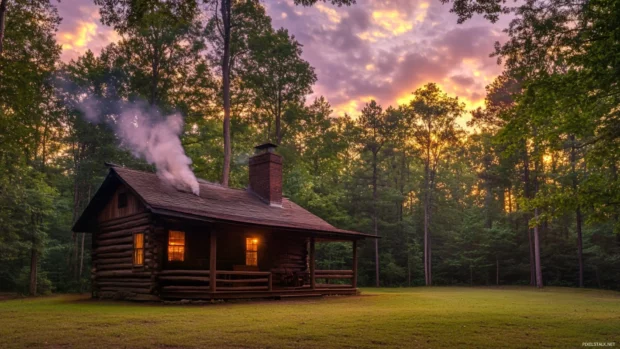 A rustic cabin in the woods, smoke rising from the chimney as the sun sets behind the trees.