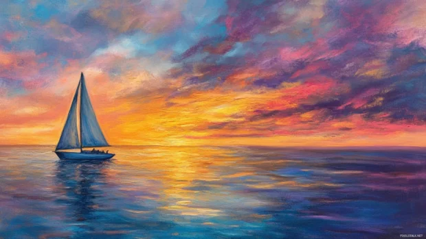 A sailboat drifting on calm waters under a colorful sunset sky, the horizon stretching endlessly.