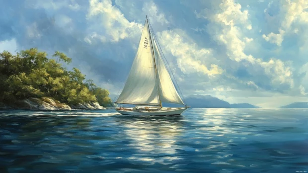 A sailboat glides across a shimmering bay with soft breezes catching its white sails.