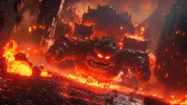A scene of Mario Bros battling Bowsers army in a lava lit.