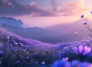 A scenic meadow of violet and indigo blooms, perfect for aesthetic purple floral wallpaper for PC.
