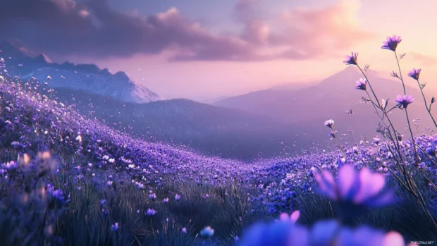 A scenic meadow of violet and indigo blooms, perfect for aesthetic purple floral wallpaper for PC.