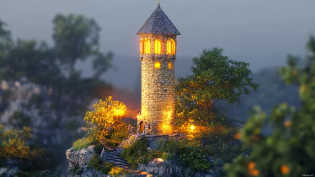 A scenic portrayal of Fantasy tower with ambient lighting.