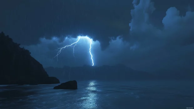 A scenic portrayal of Thunderstorm over ocean with ambient lighting.