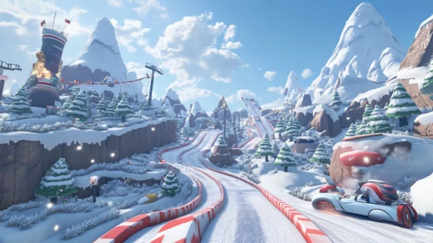 A scenic track through snowy mountains and ski jumps in Mario Kart Wallpaper for desktops.