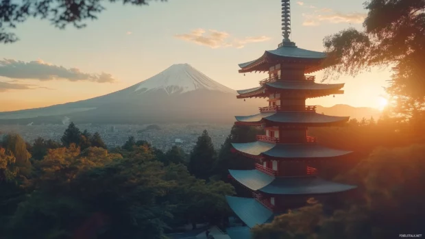 A scenic view of Mount Fuji at sunset with traditional Japanese pagodas in the foreground.